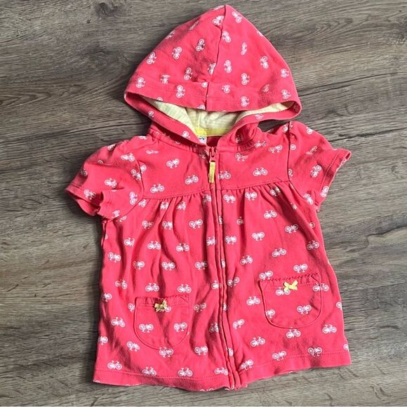 Carter’s Baby Girl Pink with Bicycle Print Short Sleeve Hooded Top Size 24M - Picture 1 of 5